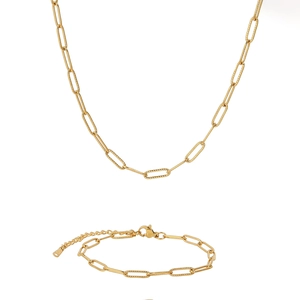Parure de bijoux trombone dorée avec maillons texturés et fermoir mousqueton réglable