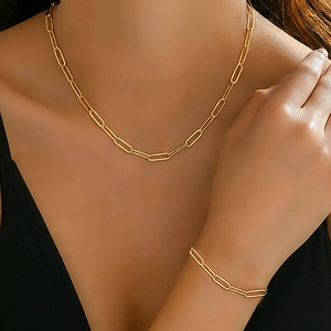 Collier Et Bracelet À Maillons Trombone Acier Inoxydable Plaqué Or 18K Bijoux Mode Minimalistes Femme