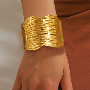 Wide Open Cuff Bracelet Stainless Steel Ripple Texture Gold Plated Adjustable Statement Jewelry For Women