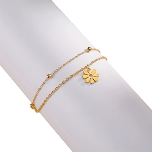 Bracelet double couche en acier inoxydable doré avec perles délicates et pendentif fleur