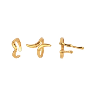 Three-piece set of minimalist fluid gold stainless steel adjustable open rings for women