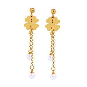 Golden clover drop earrings with elegant long chains and white pearl charms for women
