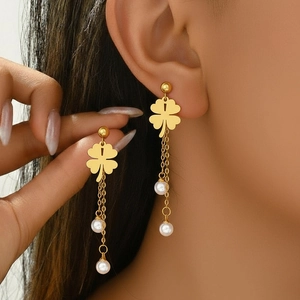 Clover Tassel Earrings Stainless Steel Imitation Artificial Pearl Pendant Sweet Elegant Jewelry For Women