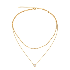 Collier double couche en acier inoxydable doré avec pendentif solitaire et petites billes