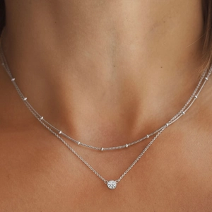 Élégant collier double couche en acier inoxydable avec pendentif rond en zircon pour femme