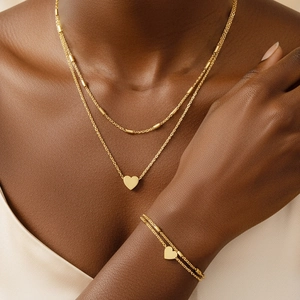 Parure Collier Et Bracelet Pendentif Coeur Acier Inoxydable Plaqué Or 18K Double Couche Mode Femmes