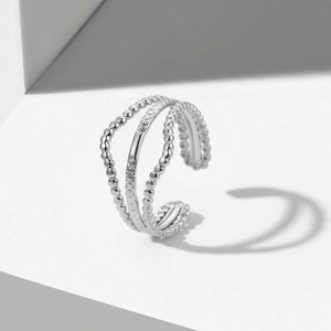 Anello aperto in acciaio argento a tre strati con texture a perline e zirconi