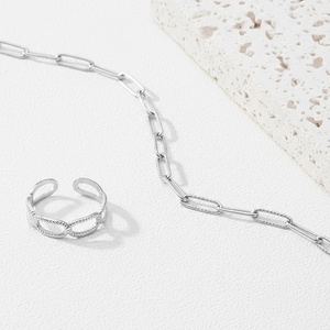 Silver minimalist paperclip chain bracelet and hollow ring set in polished stainless steel