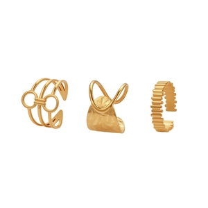 Three-piece gold geometric open rings set featuring hammered metal and textured designs