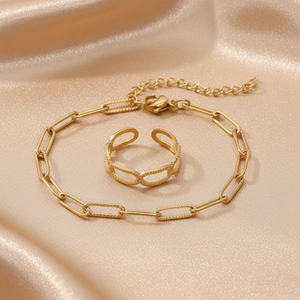 18K gold plated stainless steel paperclip chain bracelet and adjustable open ring set