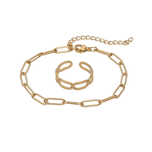 Gold plated stainless steel paperclip chain bracelet and adjustable ring jewelry set