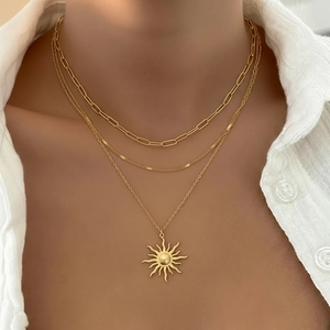Collier Multi Rangs En Acier Inoxydable Avec Pendentif Soleil Pour Femme Rétro Bohème Trois Couches Chaîne Maillons Bijoux
