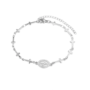 Religious silver stainless steel bracelet featuring small crosses and a Virgin Mary medal charm