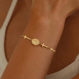 18K gold plated stainless steel bracelet with cross charms and religious medal