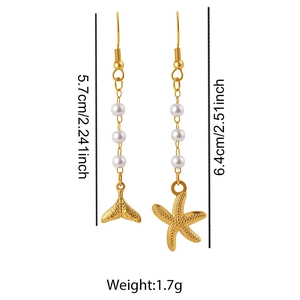 Detailed view of asymmetric starfish and fish tail earrings with pearls and dimensions