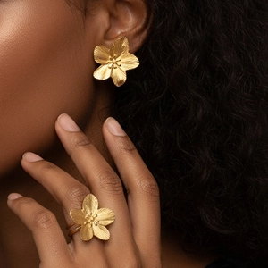 Stainless Steel Flower Jewelry Earrings And Open Ring For Women Simple Fashion Niche Design Brushed Texture Elegant