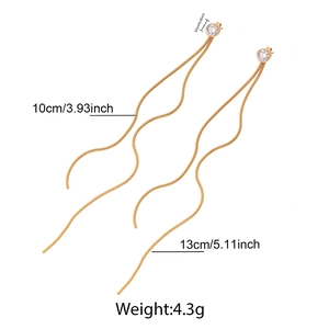 Detailed dimensions of long gold tassel earrings with cubic zirconia and chain length