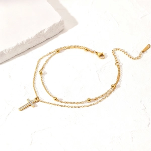 Bracelet de cheville double couche en acier plaqué or 18K avec pendentif croix