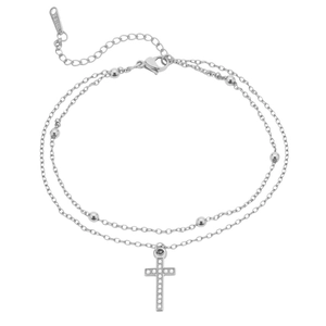 Chaîne de cheville double en acier argenté avec pendentif croix et petites perles