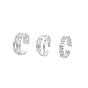 Lot de trois bagues ouvertes en acier inoxydable argenté aux designs évidés minimalistes