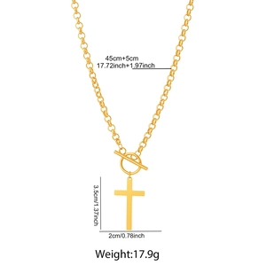 Detailed view of gold cross pendant necklace with OT toggle clasp and chain measurements