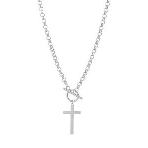 Polished stainless steel cross pendant necklace with front OT toggle clasp on circle link chain