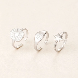 Set di tre anelli regolabili in acciaio inossidabile argento con motivi di sole e stelle