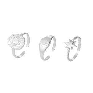 Set di tre anelli regolabili in argento stile punk con motivi di stelle e del sole