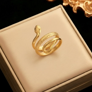 Chic 18k gold plated stainless steel snake ring with textured scales in a jewelry box