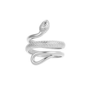 Polished silver snake-shaped stainless steel wrap ring with intricate scale textures