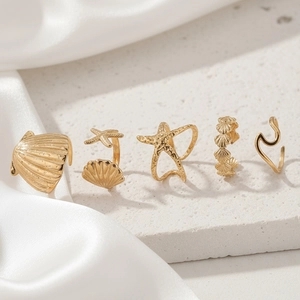 Adjustable 18K gold plated stainless steel seashell and starfish ring set for women