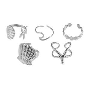 5-piece silver starfish and seashell ocean themed stackable ring set for women