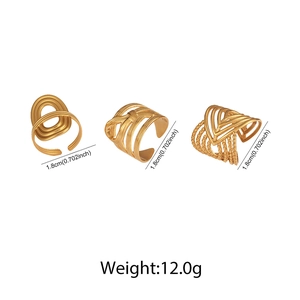 Detailed view of three gold geometric open rings with matte finish and 1.8cm diameter
