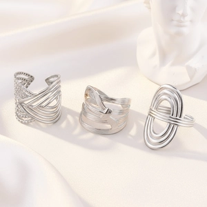 Minimalist silver stainless steel open rings set with geometric hollow line designs