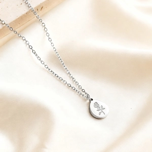 Silver oval rose flower pendant necklace with fine O-chain in minimalist style