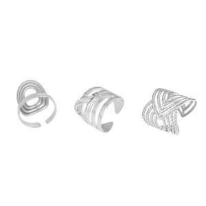 Three-piece silver stainless steel open ring set with minimalist geometric cutout designs