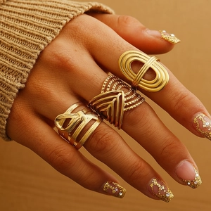 Geometric Stainless Steel Rings Hollow Wide Band Open Adjustable Bohemian Stacking Finger Jewelry For Women