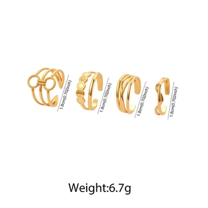 Detailed view of four 18K gold plated geometric ear cuffs with size and weight metrics