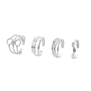 Set of four minimalist silver geometric open rings with hollow and twisted designs
