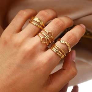 18K Gold Plated Stainless Steel Geometric Open Ring Set For Women Minimalist Hollow Out Adjustable Stackable Finger Rings Jewelry