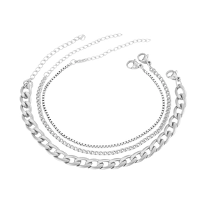 Three-piece silver curb and box chain bracelet set with lobster clasp and extension links