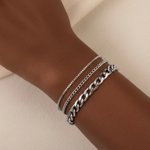 Three-piece set of polished silver stainless steel chains including snake and box link styles