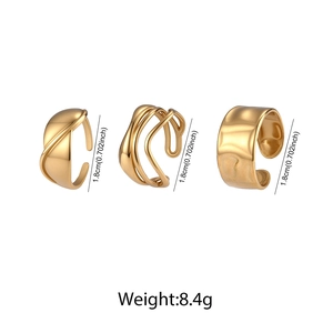Detailed view of 3-piece gold plated textured ring set with dimensions and weight