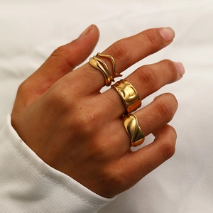 Adjustable Open Rings Stainless Steel 18K Gold Plated Wide Irregular Textured Wave Geometric Trendy Minimalist For Women