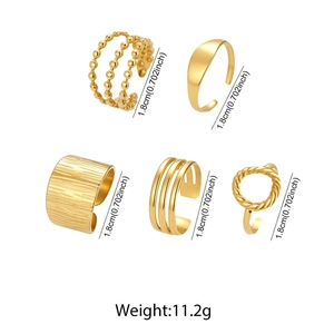 Detailed view of 5pcs gold-plated stainless steel wide open rings with size specifications