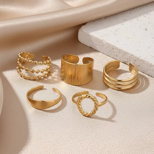 5Pcs 18K gold plated stainless steel open ring set with wide hollow geometric designs