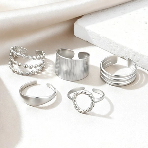 5pcs silver open ring set including hollow geometric and textured wide bands for women