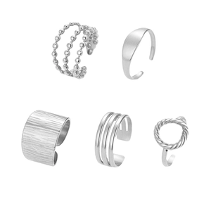 5-piece set of silver minimalist stainless steel rings with adjustable open band designs