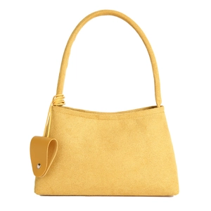 Minimalist bright yellow felt tote bag with shoulder strap and decorative pendant detail