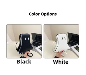 Detail shot of mini ghost crossbody bags with cartoon eyes in black and white colors